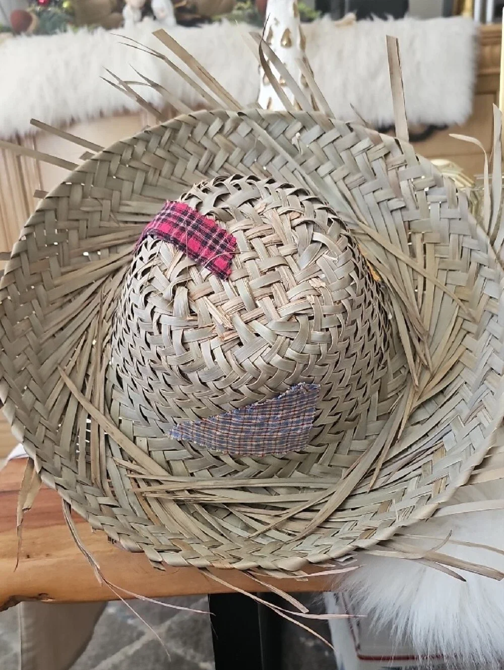Straw Patchwork Sun Hat - Natural with Orange Blue & Red Plaid For Men And Women